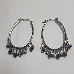 Dangle Beaded Hoop Earrings Womens Jewelry Silver Tone Multicolored Beads